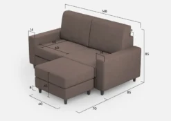 Divano 148x85cm design a due posti con bracciolo squadrato idrorepellente e pouf talpa DI15