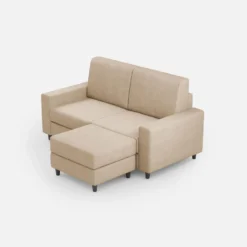 Divano 148x85cm design a due posti con bracciolo squadrato idrorepellente e pouf beige DI15