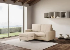 Divano 148x85cm design a due posti con bracciolo squadrato idrorepellente e pouf beige DI15