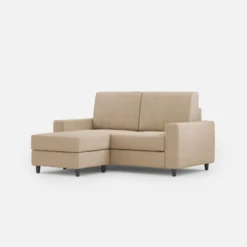 Divano 148x85cm design a due posti con bracciolo squadrato idrorepellente e pouf beige DI15