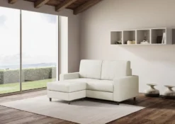 Divano 148x85cm design a due posti con bracciolo squadrato idrorepellente e pouf bianco latte DI15