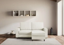 Divano 148x85cm design a due posti con bracciolo squadrato idrorepellente e pouf bianco latte DI15