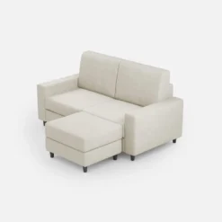 Divano 148x85cm design a due posti con bracciolo squadrato idrorepellente e pouf bianco latte DI15
