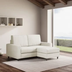 Divano 148x85cm design a due posti con bracciolo squadrato idrorepellente e pouf bianco latte DI15
