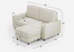 Divano 148x85cm design a due posti con bracciolo squadrato idrorepellente e pouf bianco latte DI15