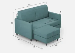 Divano 138x85cm design a due posti con pouf stoffa idrorepellente blu petrolio DI26