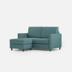 Divano 138x85cm design a due posti con pouf stoffa idrorepellente blu petrolio DI26