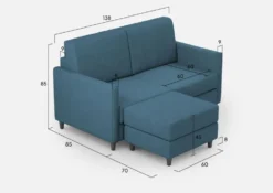 Divano 138x85cm design a due posti con pouf stoffa idrorepellente blu avio DI26