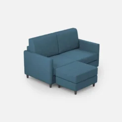 Divano 138x85cm design a due posti con pouf stoffa idrorepellente blu avio DI26