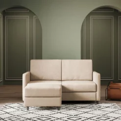 Divano 138x85cm design a due posti con pouf stoffa idrorepellente beige DI26