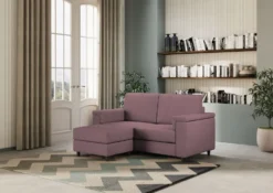 Divano 148x85cm design a due posti con bracciolo squadrato e con pouf prugna DI4