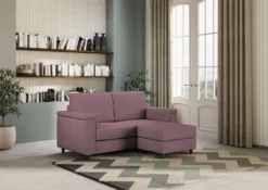 Divano 148x85cm design a due posti con bracciolo squadrato e con pouf prugna DI4