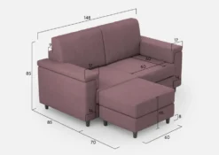 Divano 148x85cm design a due posti con bracciolo squadrato e con pouf prugna DI4
