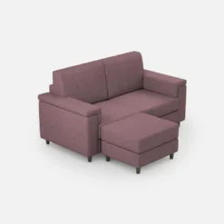 Divano 148x85cm design a due posti con bracciolo squadrato e con pouf prugna DI4
