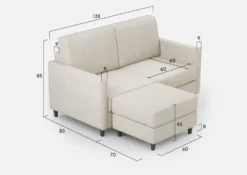 Divano 138x85cm design a due posti con pouf stoffa idrorepellente bianco latte DI26