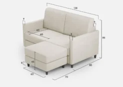 Divano 138x85cm design a due posti con pouf stoffa idrorepellente bianco latte DI26
