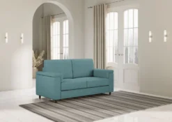 Divano 168x85cm design a due posti con bracciolo squadrato stoffa idrorepellente blu petrolio DI2