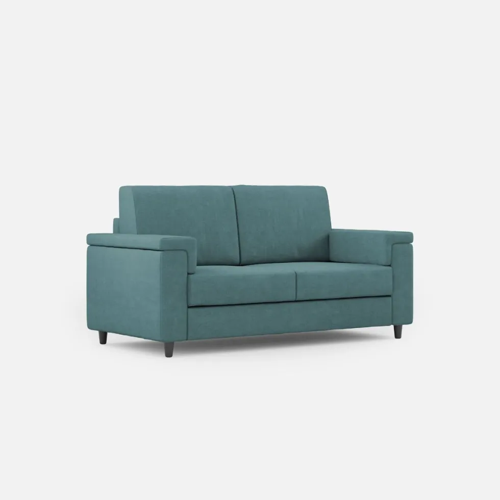 Divano 168x85cm design a due posti con bracciolo squadrato stoffa idrorepellente blu petrolio DI2