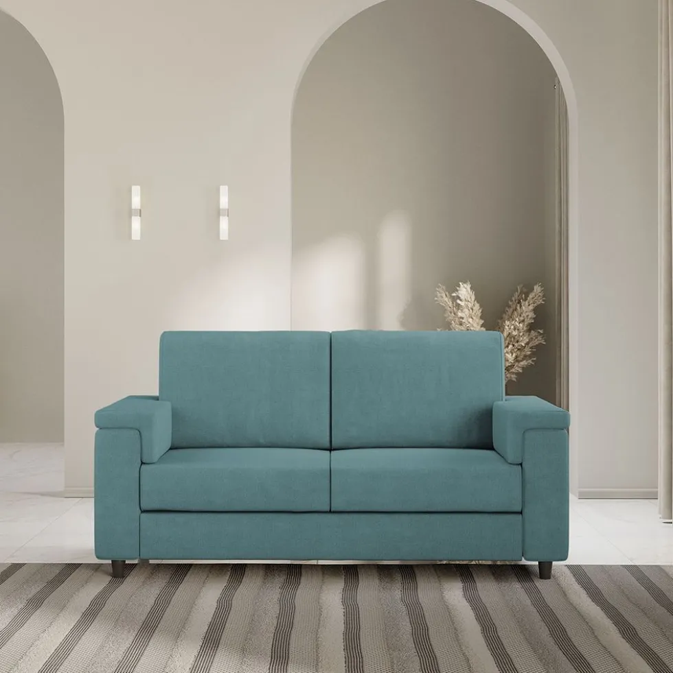 Divano 168x85cm design a due posti con bracciolo squadrato stoffa idrorepellente blu petrolio DI2