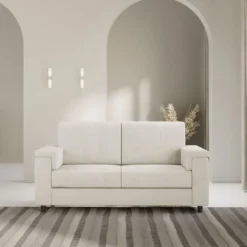 Divano 168x85cm design a due posti con bracciolo squadrato stoffa idrorepellente bianco latte DI2