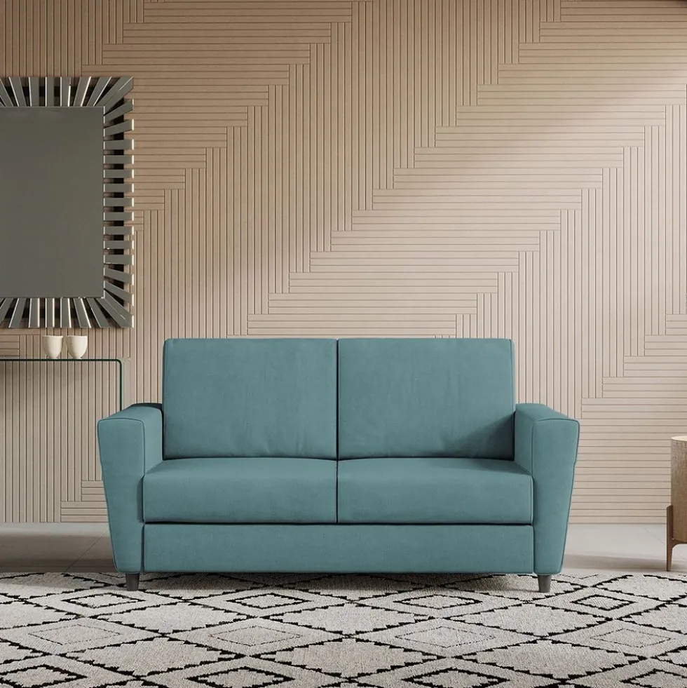 Divano 172x85cm design a due posti con piedini in legno e stoffa idrorepellente blu petrolio DI35