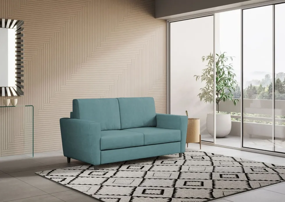Divano 172x85cm design a due posti con piedini in legno e stoffa idrorepellente blu petrolio DI35