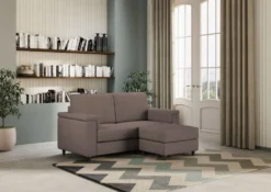 Divano 168x85cm design a due posti con bracciolo squadrato e pouf stoffa idrorepellente talpa DI5