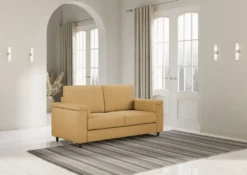 Divano 148x85cm design a due posti con bracciolo squadrato ocra DI1