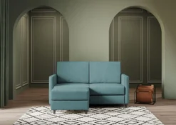 Divano 158x85cm design a due posti per salotto con pouf versatile blu petrolio DI27