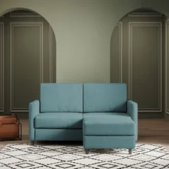 Divano 158x85cm design a due posti per salotto con pouf versatile blu petrolio DI27
