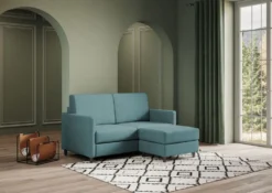 Divano 158x85cm design a due posti per salotto con pouf versatile blu petrolio DI27