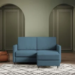 Divano 158x85cm design a due posti per salotto con pouf versatile blu avio DI27