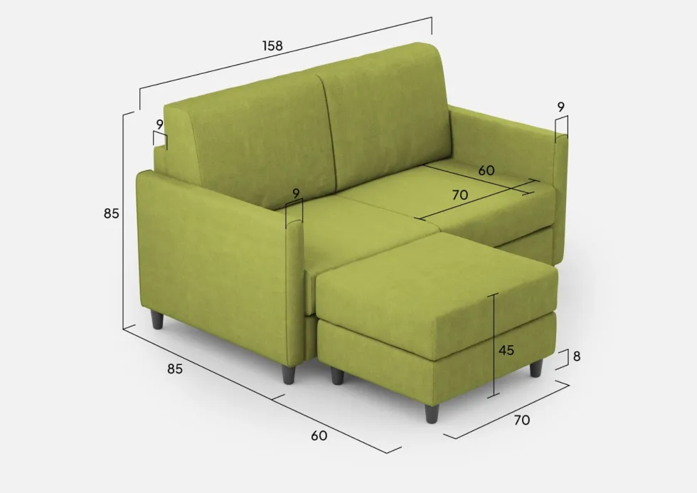 Divano 158x85cm design a due posti per salotto con pouf versatile verde DI27