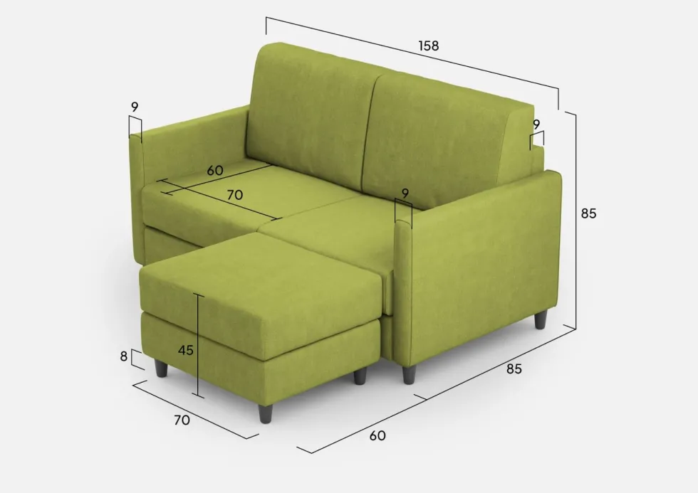 Divano 158x85cm design a due posti per salotto con pouf versatile verde DI27