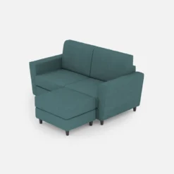 Divano 152x85cm design a due posti piccolo con pouf e stoffa idrorepellente blu petrolio DI37