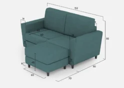 Divano 152x85cm design a due posti piccolo con pouf e stoffa idrorepellente blu petrolio DI37