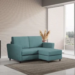 Divano 152x85cm design a due posti piccolo con pouf e stoffa idrorepellente blu petrolio DI37