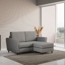 Divano 152x85cm design a due posti piccolo con pouf e stoffa idrorepellente grigio DI37