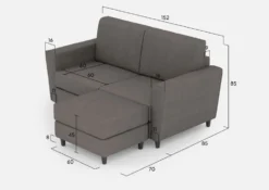 Divano 152x85cm design a due posti piccolo con pouf e stoffa idrorepellente grigio DI37