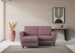 Divano 152x85cm design a due posti piccolo con pouf e stoffa idrorepellente prugna DI37