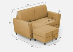 Divano 152x85cm design a due posti piccolo con pouf e stoffa idrorepellente ocra DI37
