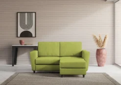 Divano 152x85cm design a due posti piccolo con pouf e stoffa idrorepellente verde DI37