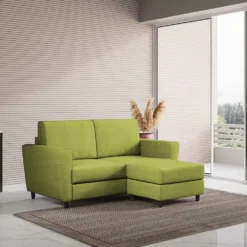 Divano 152x85cm design a due posti piccolo con pouf e stoffa idrorepellente verde DI37