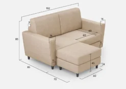Divano 152x85cm design a due posti piccolo con pouf e stoffa idrorepellente beige DI37