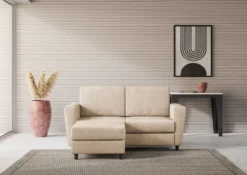 Divano 152x85cm design a due posti piccolo con pouf e stoffa idrorepellente beige DI37