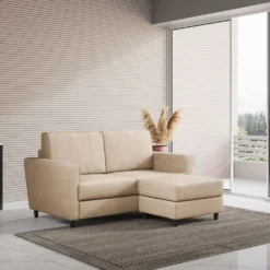 Divano 152x85cm design a due posti piccolo con pouf e stoffa idrorepellente beige DI37