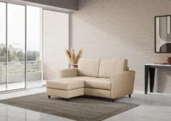 Divano 152x85cm design a due posti piccolo con pouf e stoffa idrorepellente beige DI37
