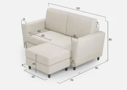 Divano 152x85cm design a due posti piccolo con pouf e stoffa idrorepellente bianco latte DI37