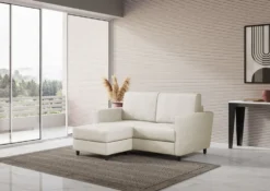 Divano 152x85cm design a due posti piccolo con pouf e stoffa idrorepellente bianco latte DI37
