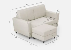 Divano 152x85cm design a due posti piccolo con pouf e stoffa idrorepellente bianco latte DI37